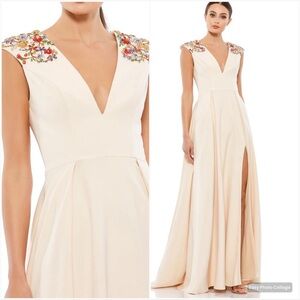 Mac Duggal Beaded Cap Sleeve V Neck High Slit Gown Dress 10